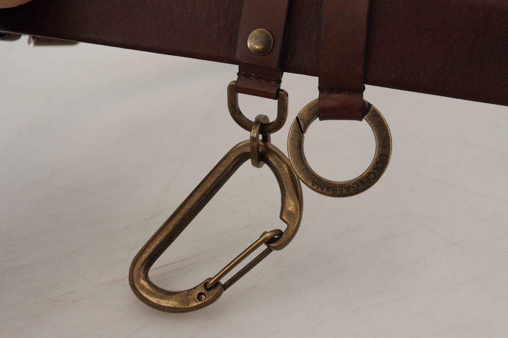 Dolce & Gabbana Brown Leather Belt with Gold Metal Buckle and Carabiner