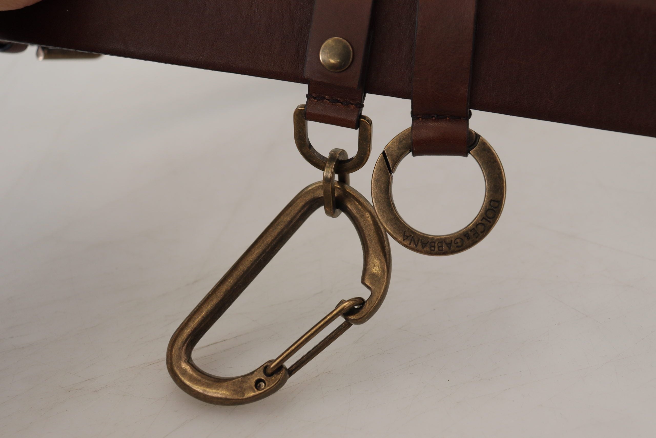 Dolce & Gabbana Brown Leather Belt with Gold Metal Buckle and Carabiner
