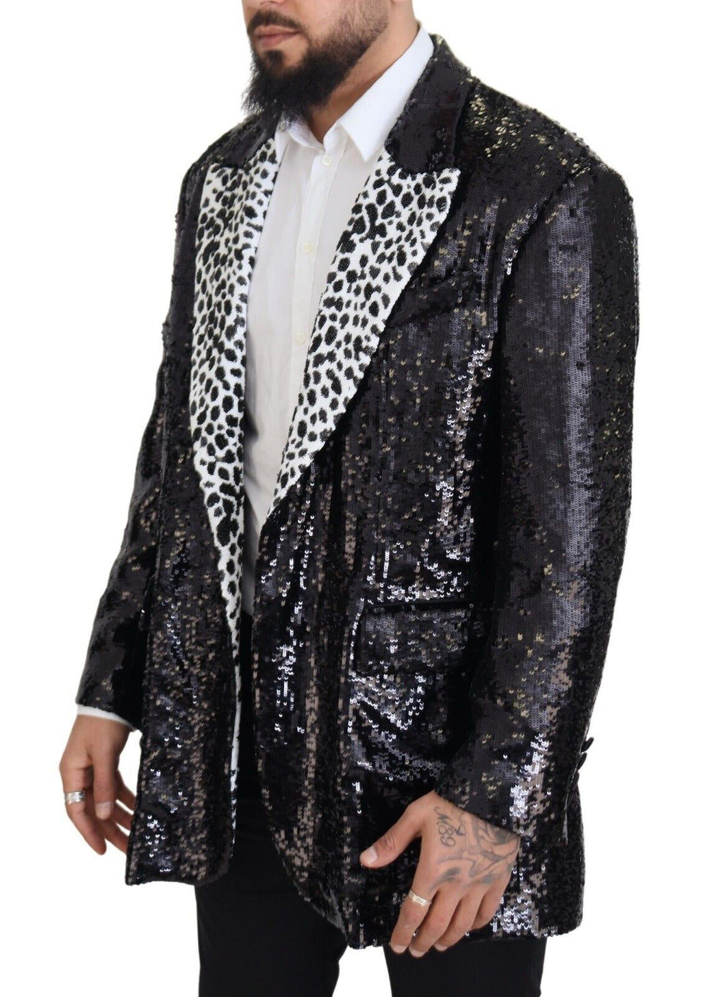 Dolce & Gabbana Schwarzer Pailletten-Blazer aus Nylon mit Kuhmuster