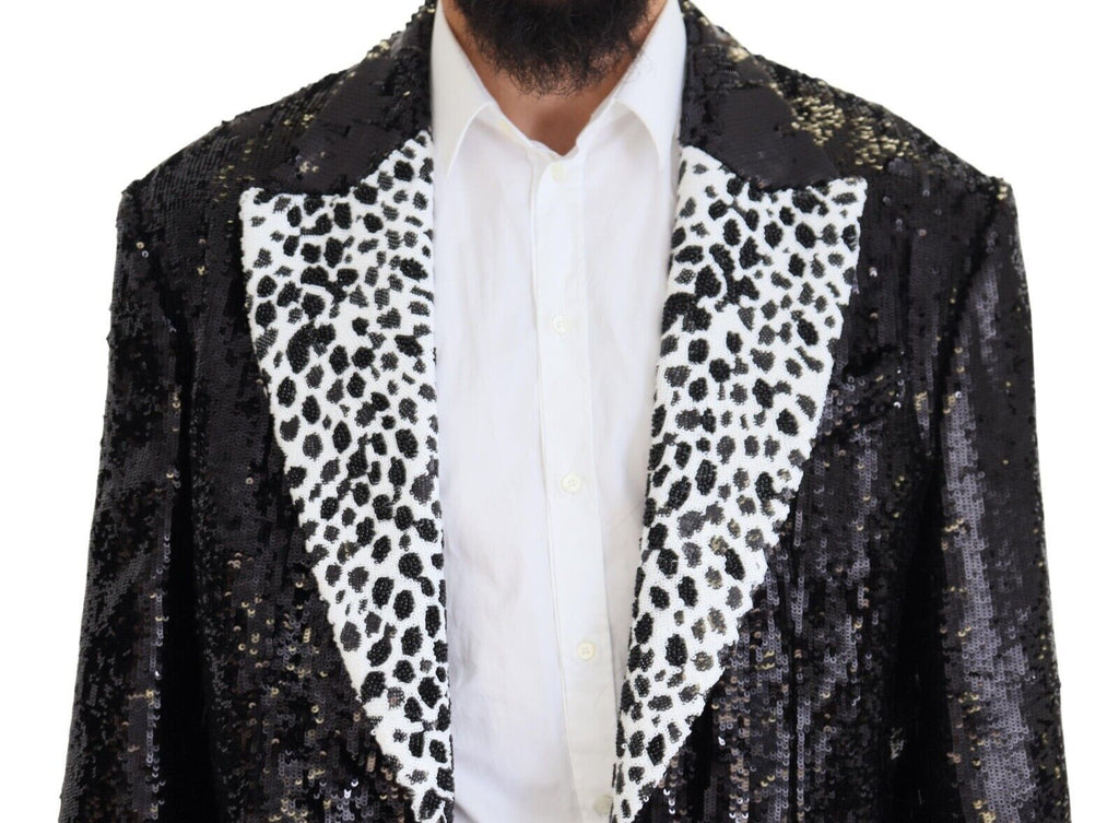 Dolce & Gabbana Schwarzer Pailletten-Blazer aus Nylon mit Kuhmuster