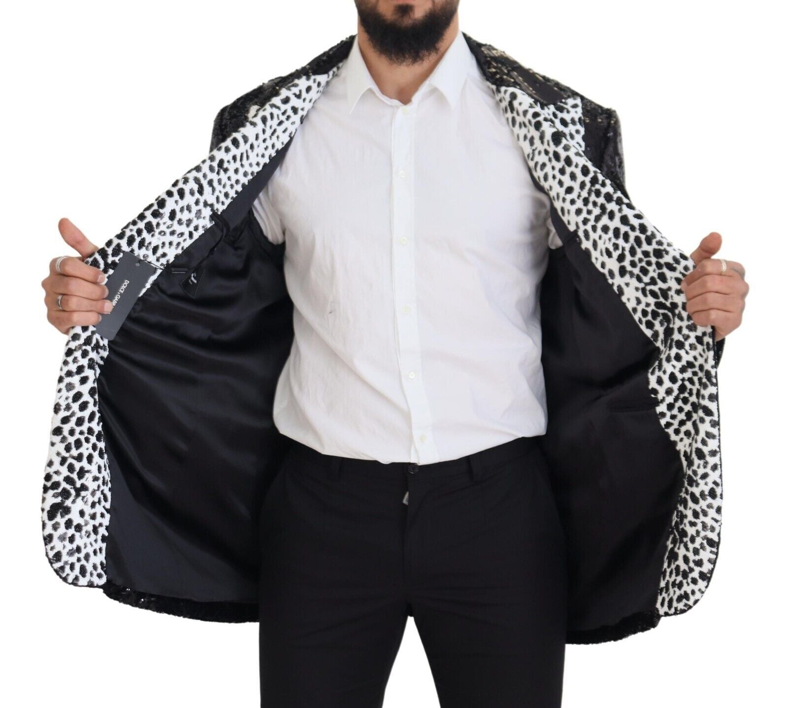 Dolce & Gabbana Schwarzer Pailletten-Blazer aus Nylon mit Kuhmuster