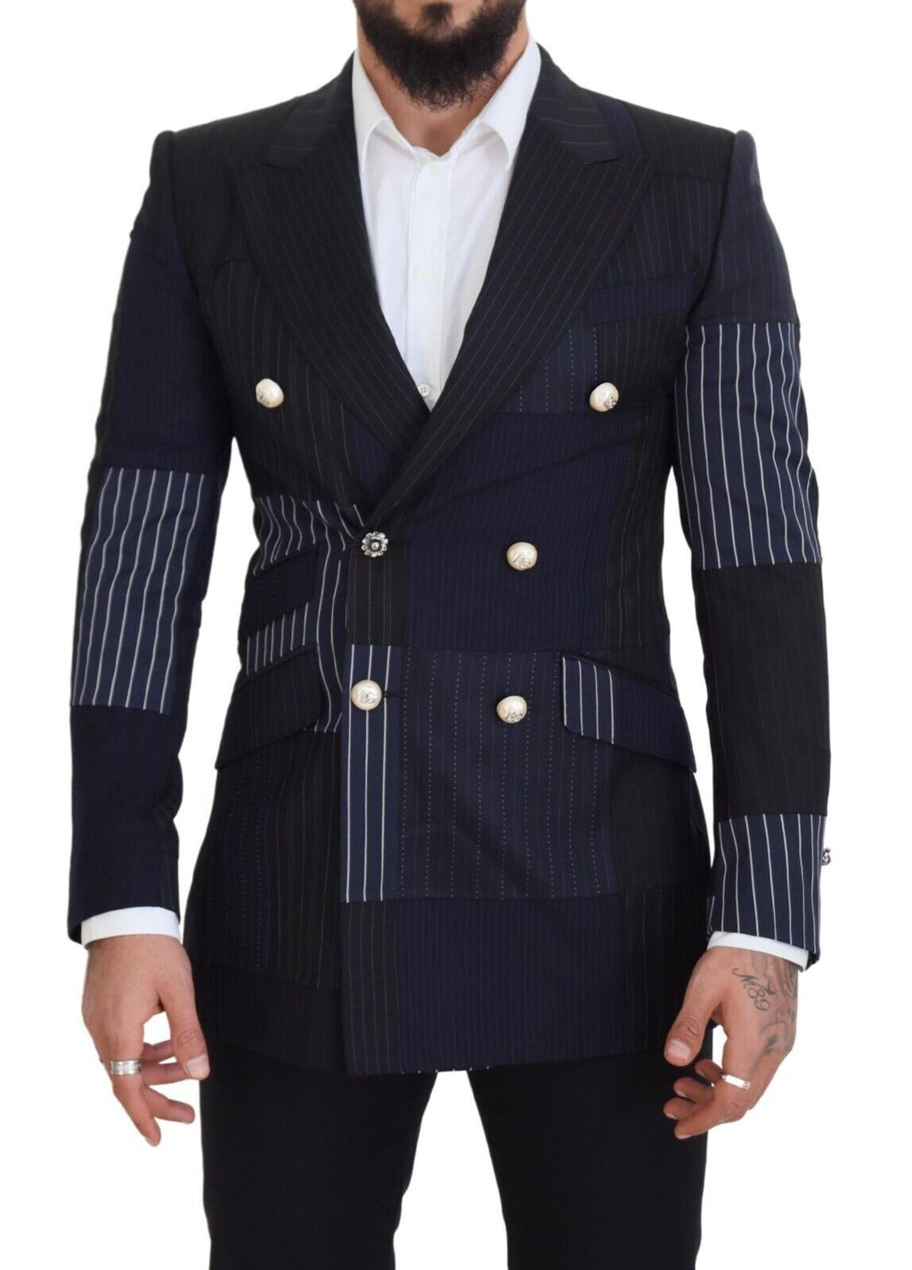 Dolce & Gabbana Blue Wool Double-Breasted Patchwork Blazer