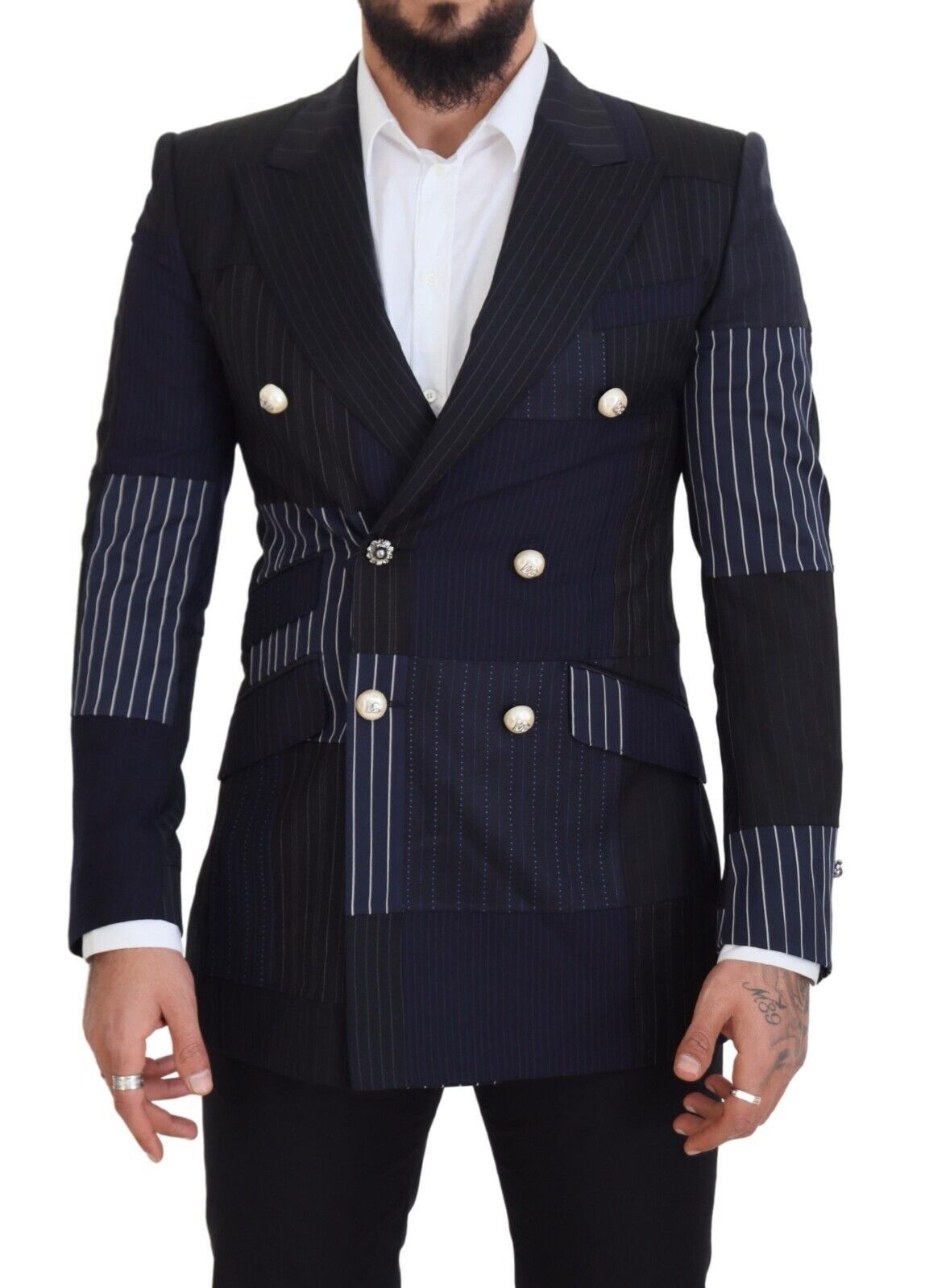 Dolce & Gabbana Blue Wool Double-Breasted Patchwork Blazer
