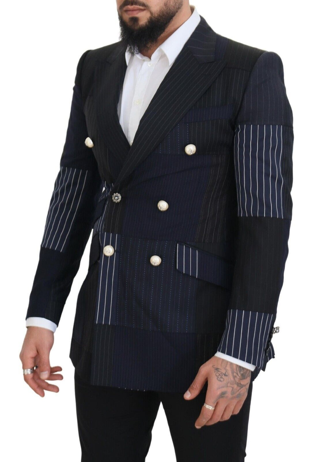 Dolce & Gabbana Blue Wool Double-Breasted Patchwork Blazer