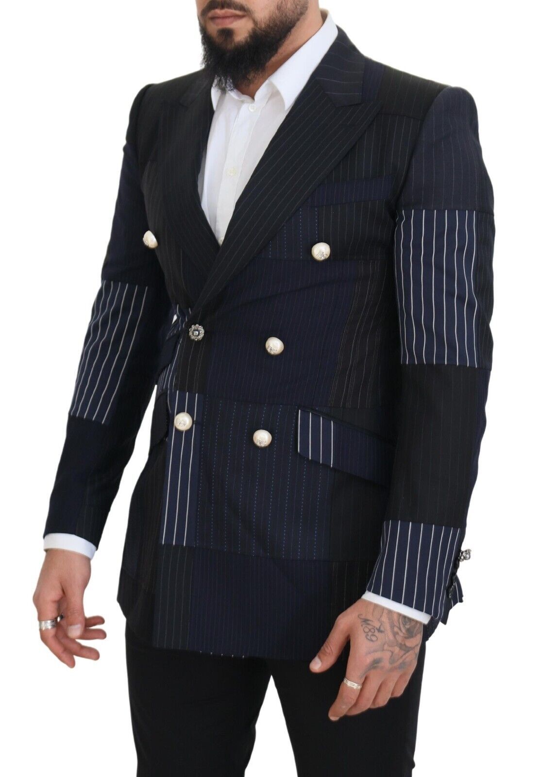Dolce & Gabbana Blue Wool Double-Breasted Patchwork Blazer
