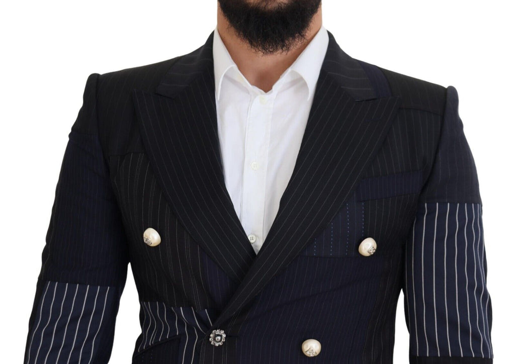 Dolce & Gabbana Blue Wool Double-Breasted Patchwork Blazer