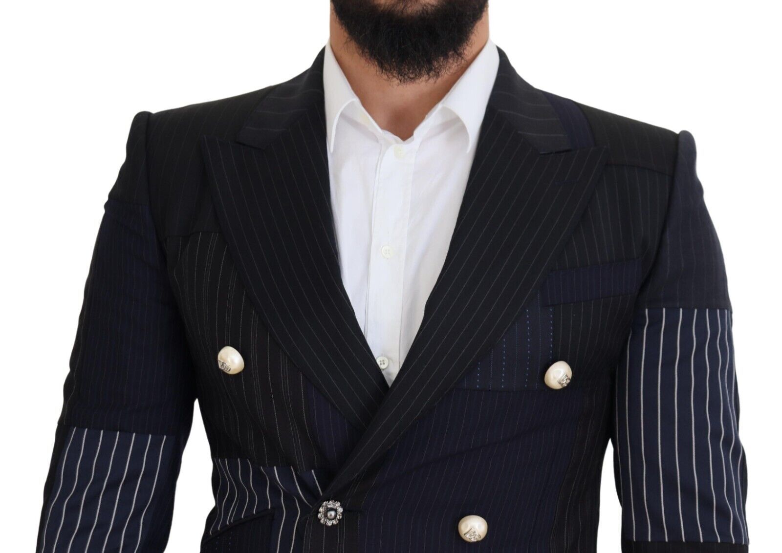 Dolce & Gabbana Blue Wool Double-Breasted Patchwork Blazer