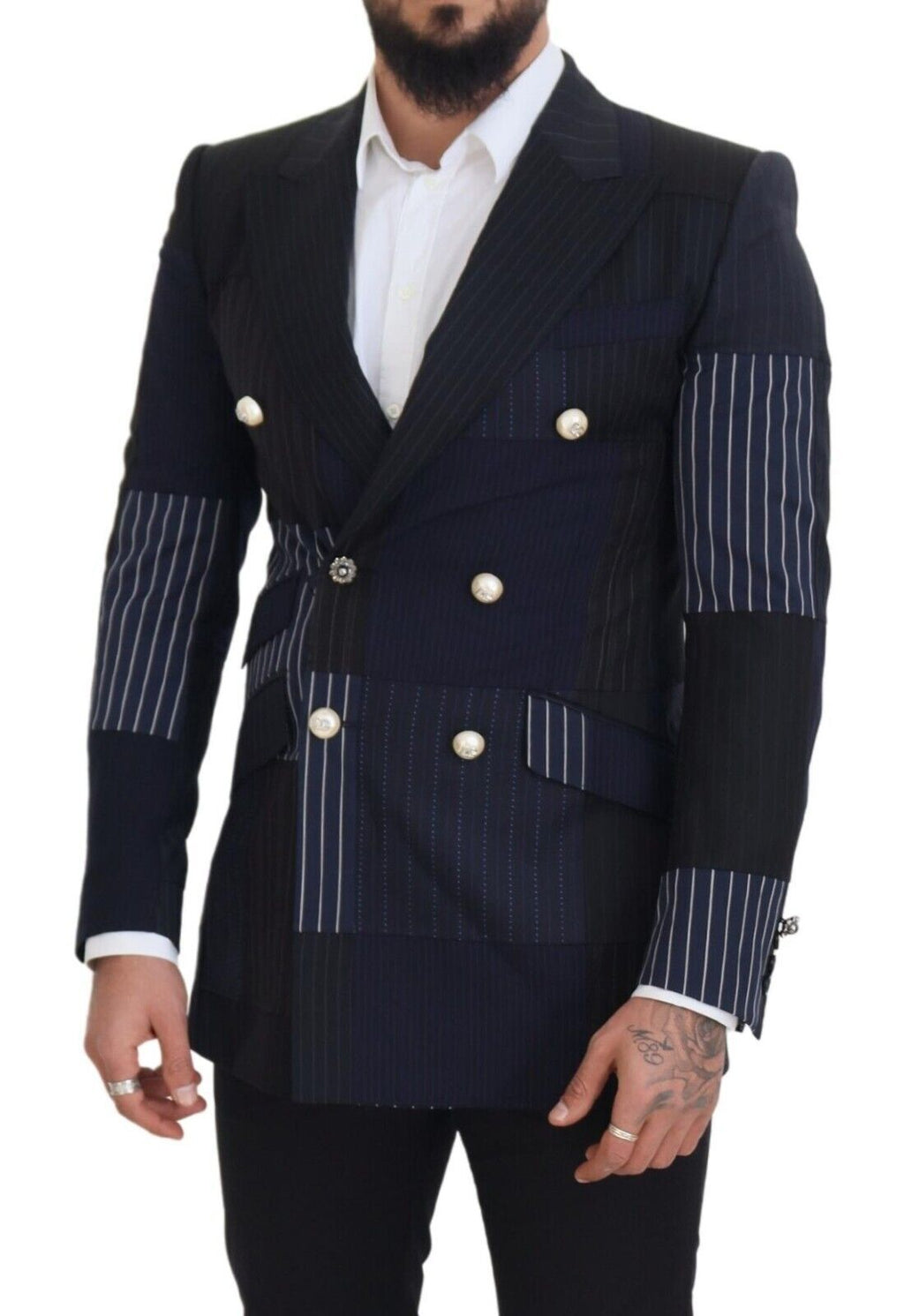 Dolce & Gabbana Blue Wool Double-Breasted Patchwork Blazer