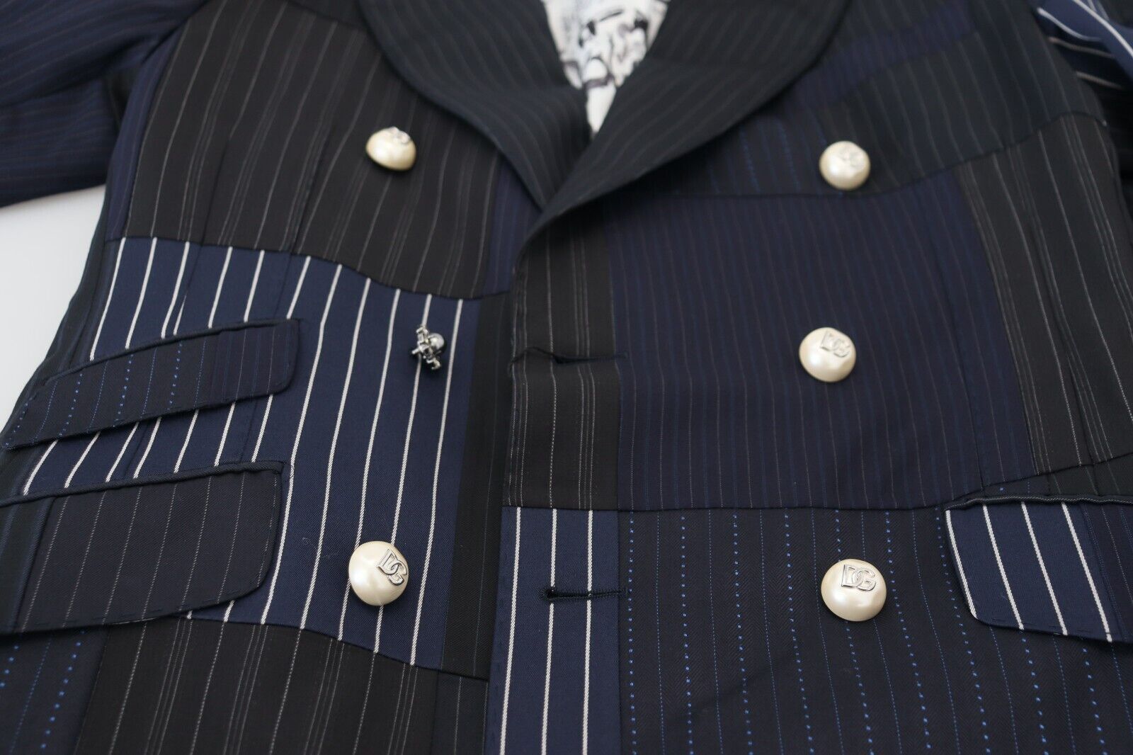 Dolce & Gabbana Blue Wool Double-Breasted Patchwork Blazer