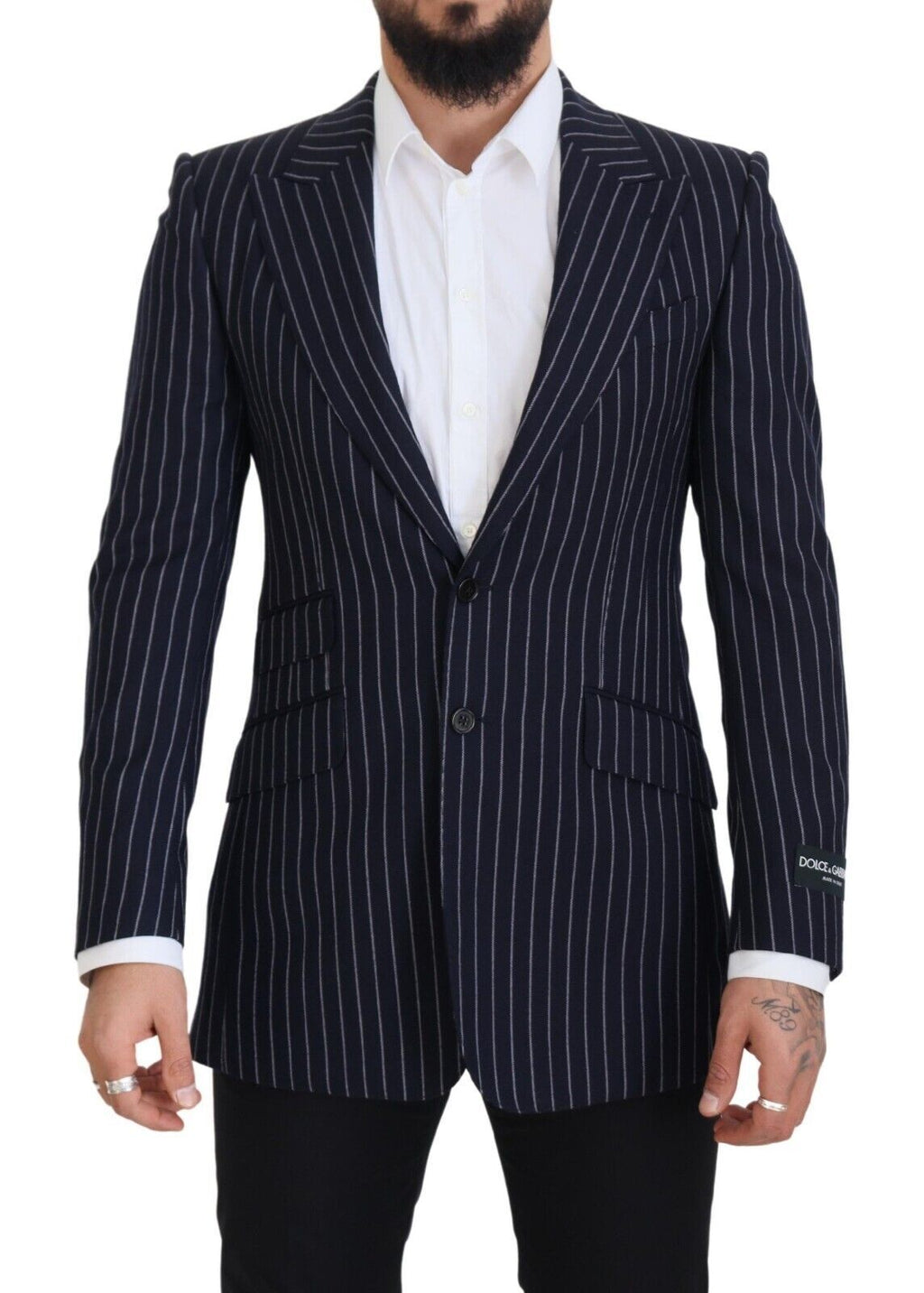 Dolce & Gabbana Navy Blue Striped Single-Breasted Wool Blazer