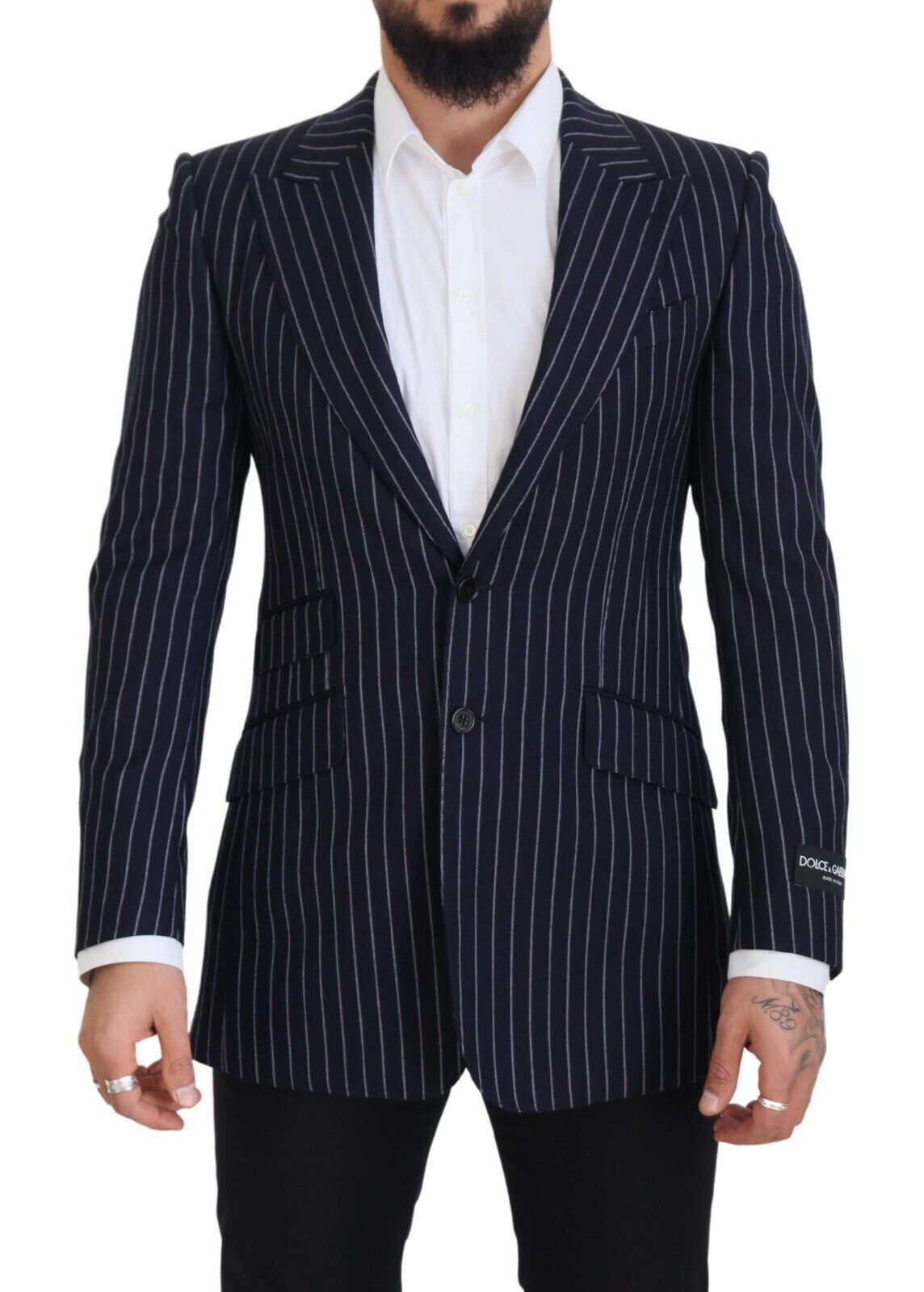 Dolce & Gabbana Navy Blue Striped Single-Breasted Wool Blazer