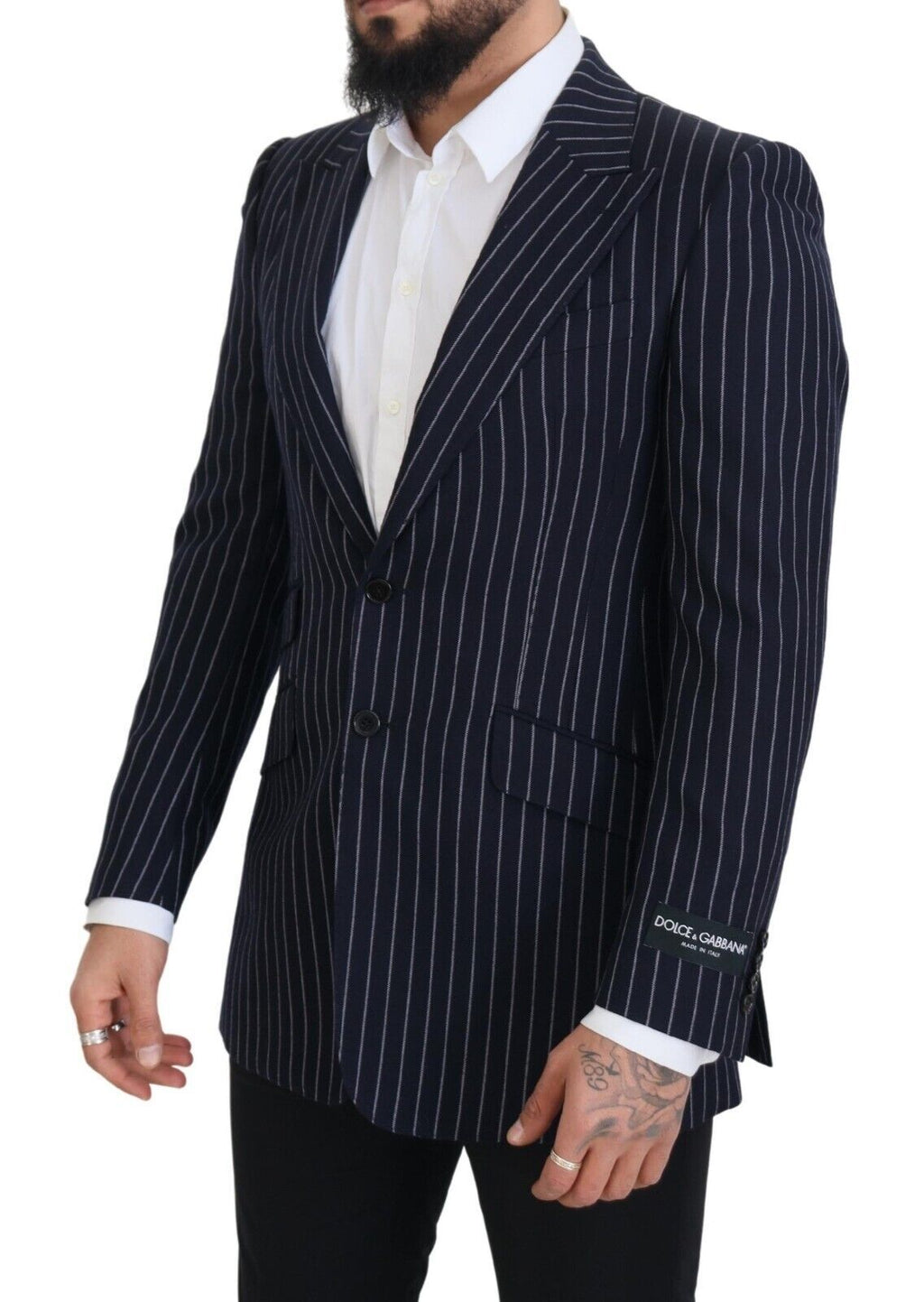Dolce & Gabbana Navy Blue Striped Single-Breasted Wool Blazer