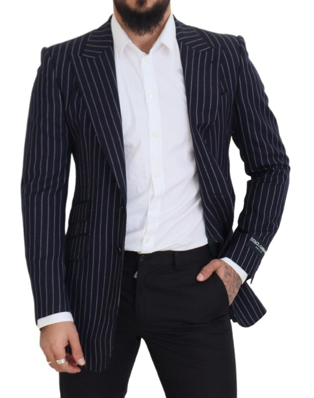 Dolce & Gabbana Navy Blue Striped Single-Breasted Wool Blazer