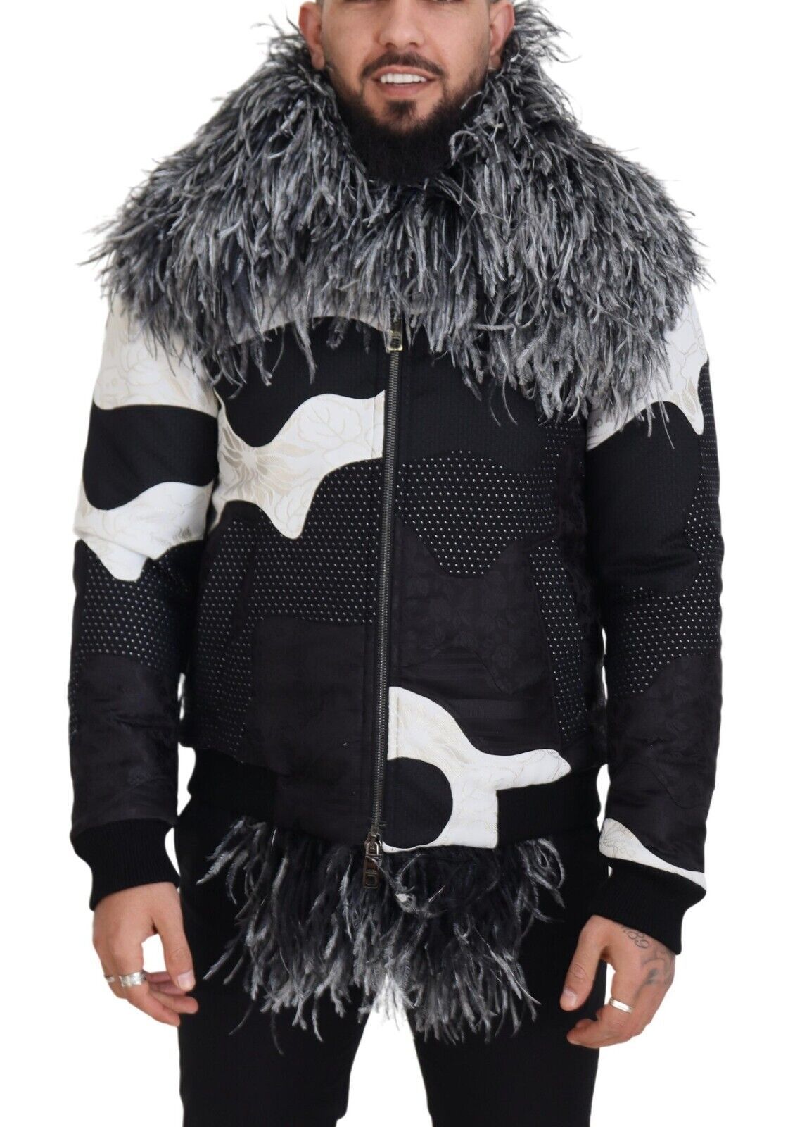 Dolce & Gabbana Schwarz Weiß Pelz Shearling Full Zip Jacke