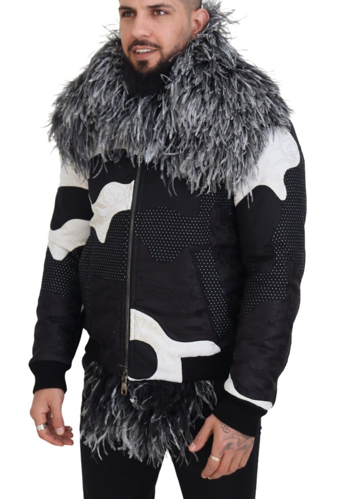 Dolce & Gabbana Schwarz Weiß Pelz Shearling Full Zip Jacke