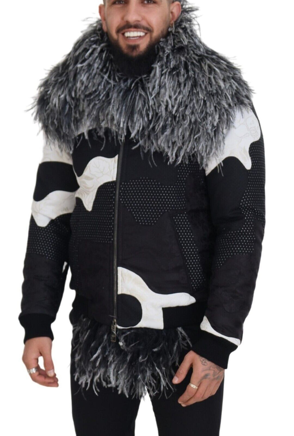 Dolce & Gabbana Schwarz Weiß Pelz Shearling Full Zip Jacke