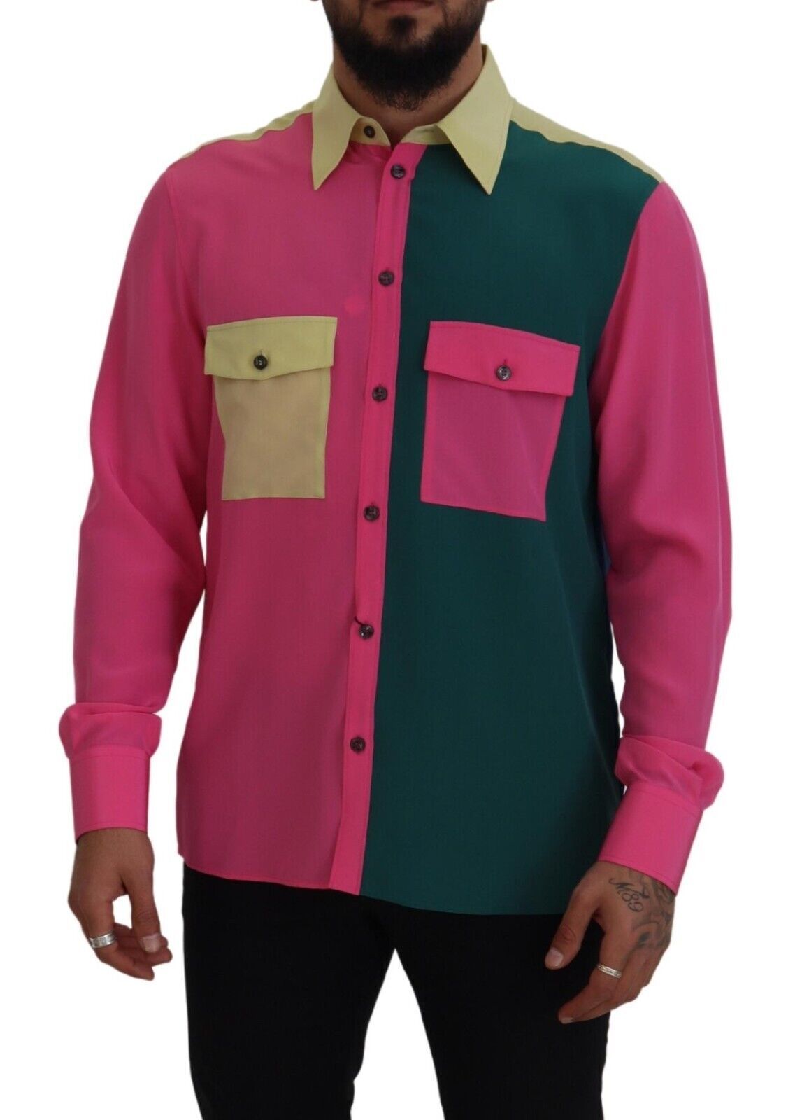 Dolce & Gabbana Multicolor Patchwork Seidenhemd mit Knopfleiste