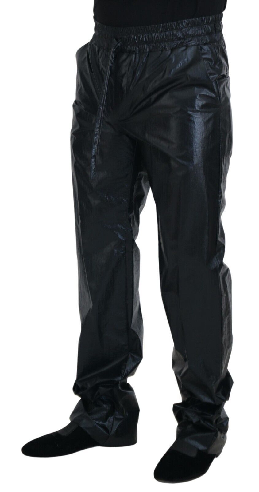 Dolce & Gabbana Schwarze glänzende Kordelzughose Nylonhose