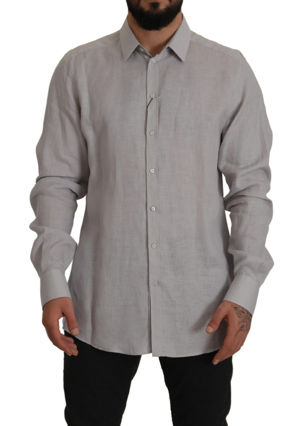 Dolce & Gabbana Gray Long Sleeve Linen Shirt Formal GOLD