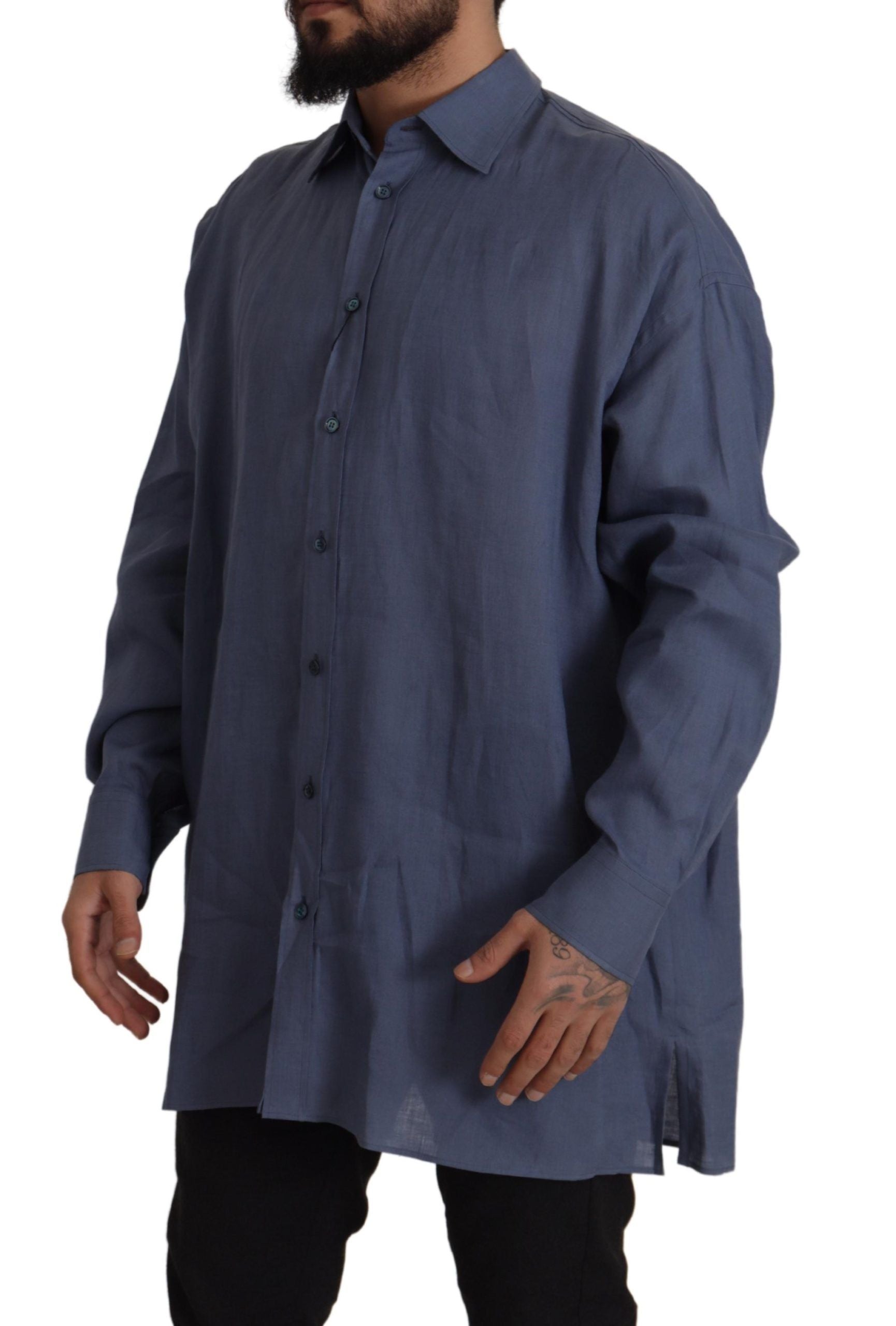 Dolce & Gabbana Dunkelblau Leinen Slim Fit Kleid Formales Herrenhemd