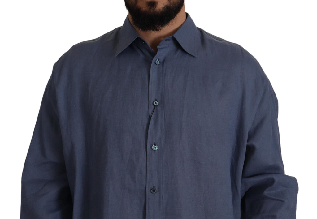 Dolce & Gabbana Dunkelblau Leinen Slim Fit Kleid Formales Herrenhemd
