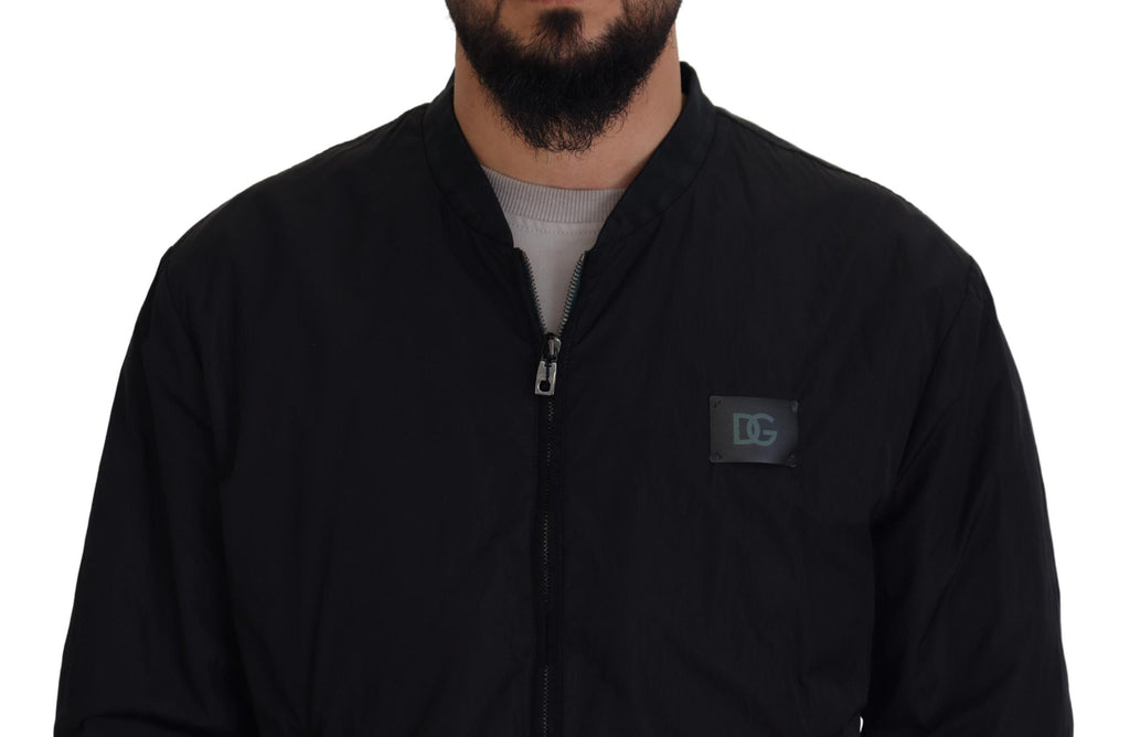 Dolce & Gabbana Schwarze Nylon-Logo-Bomberjacke mit Reißverschluss