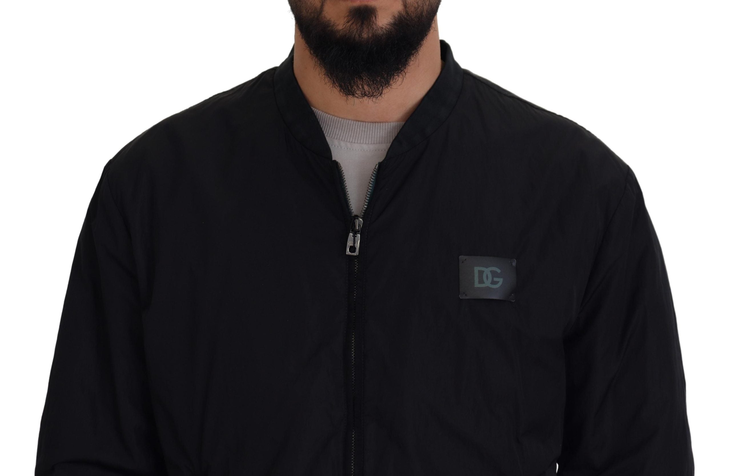 Dolce & Gabbana Schwarze Nylon-Logo-Bomberjacke mit Reißverschluss