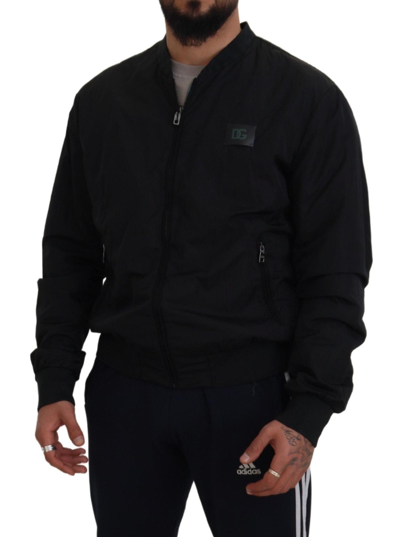 Dolce & Gabbana Schwarze Nylon-Logo-Bomberjacke mit Reißverschluss