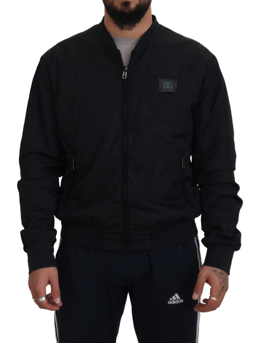 Dolce & Gabbana Schwarze Nylon-Logo-Bomberjacke mit Reißverschluss