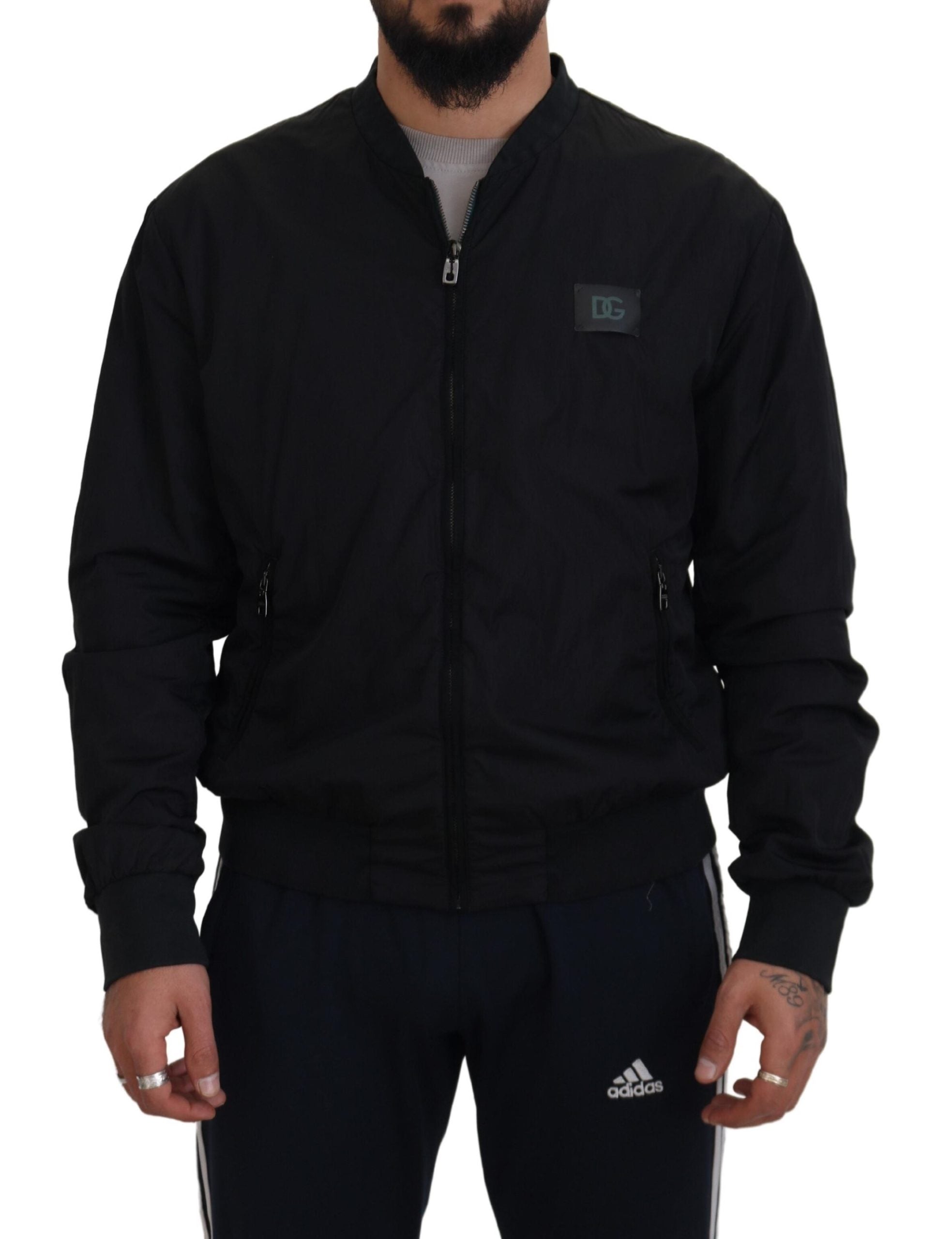 Dolce & Gabbana Schwarze Nylon-Logo-Bomberjacke mit Reißverschluss