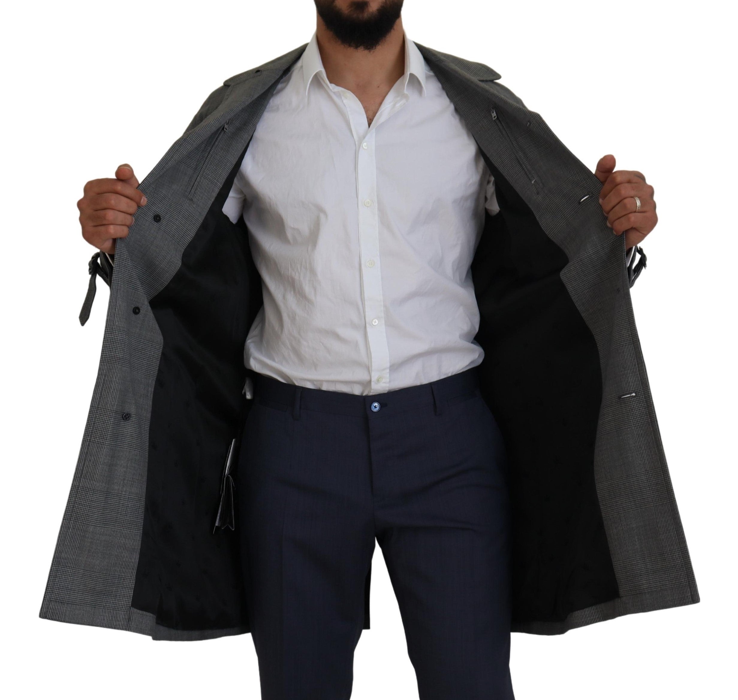 Dolce & Gabbana Grauer Wollmantel kariert langer Trenchcoat Jacke Trenchcoat Jacke