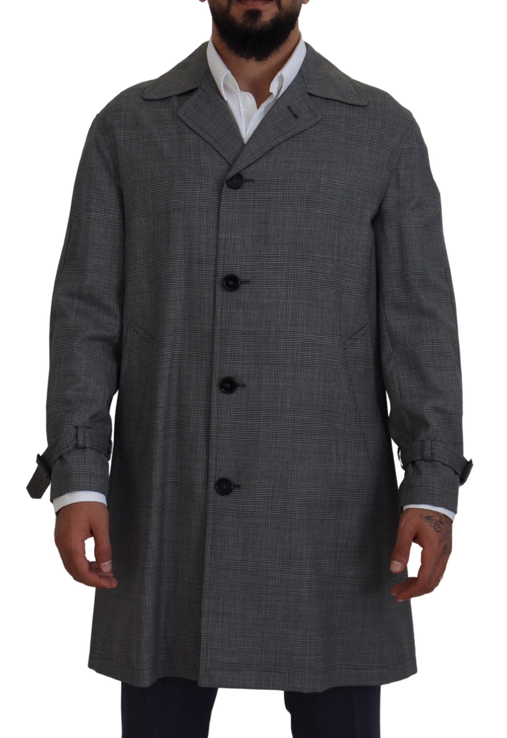Dolce & Gabbana Grauer Wollmantel kariert langer Trenchcoat Jacke Trenchcoat Jacke