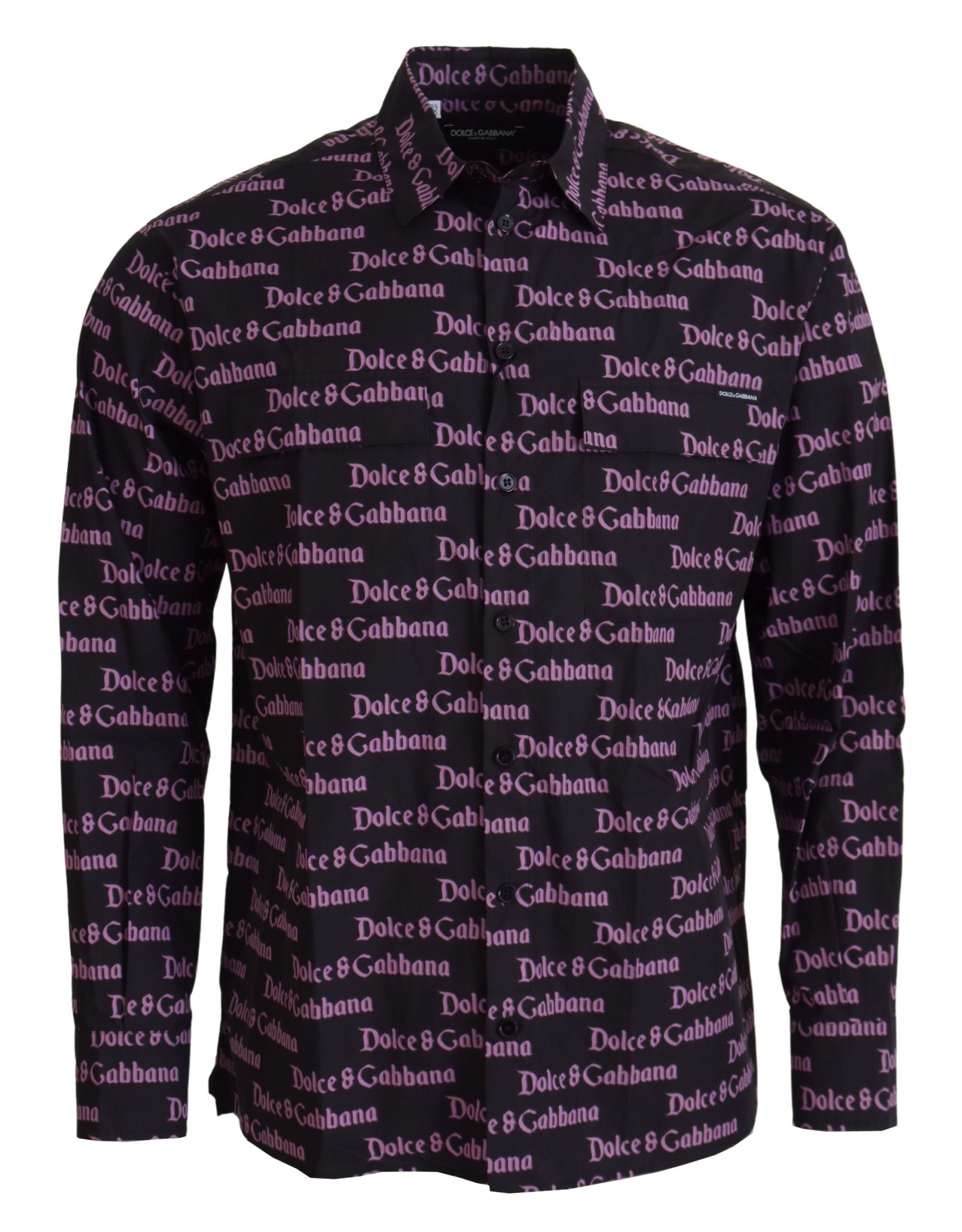 Dolce & Gabbana Schwarzes lila Logo Slim Dress Formales Hemd