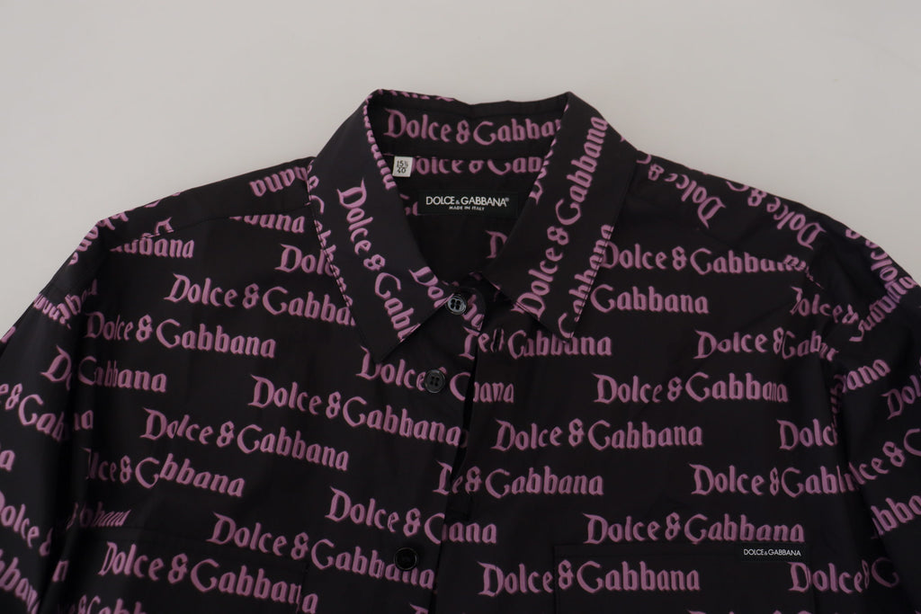 Dolce & Gabbana Schwarzes lila Logo Slim Dress Formales Hemd