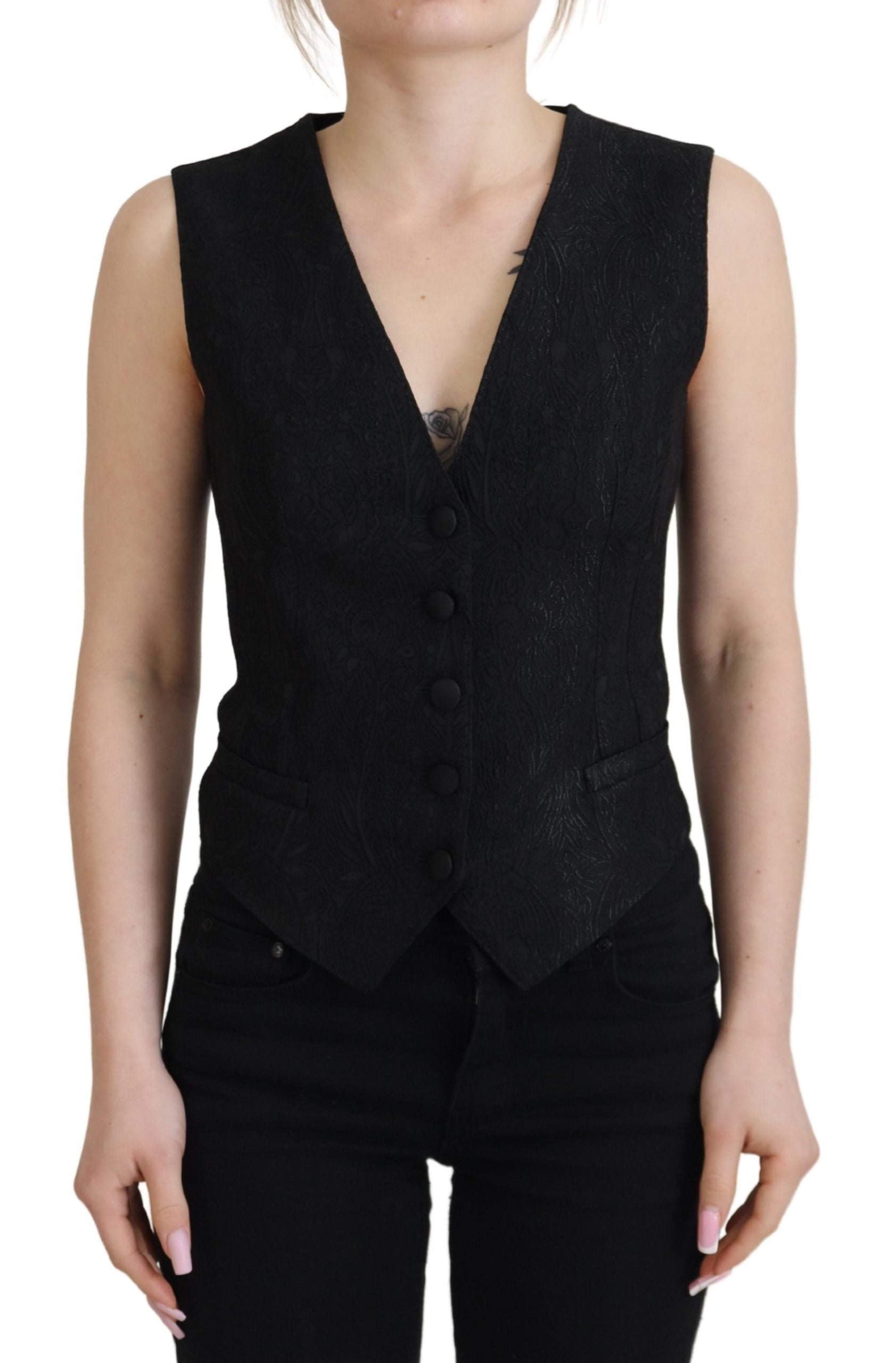 Dolce & Gabbana Schwarzer Brokat Button Down Ärmellose Weste