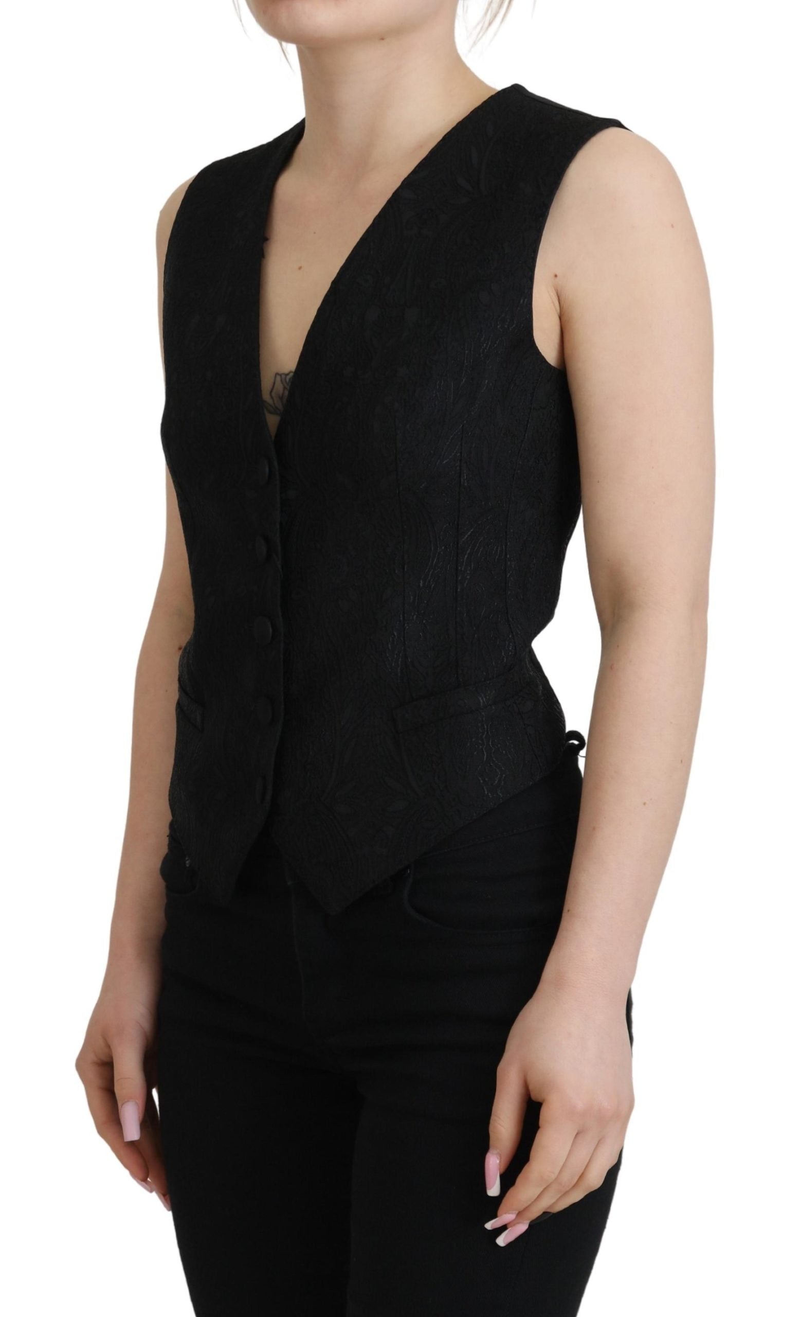 Dolce & Gabbana Schwarzer Brokat Button Down Ärmellose Weste