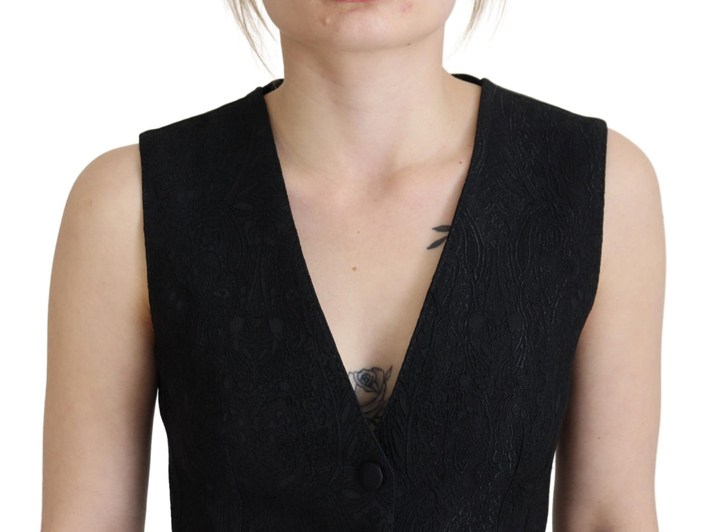 Dolce & Gabbana Schwarzer Brokat Button Down Ärmellose Weste