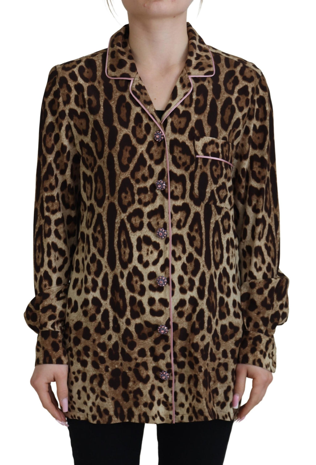 Dolce & Gabbana Brown Leopard Print Long Sleeve Blouse