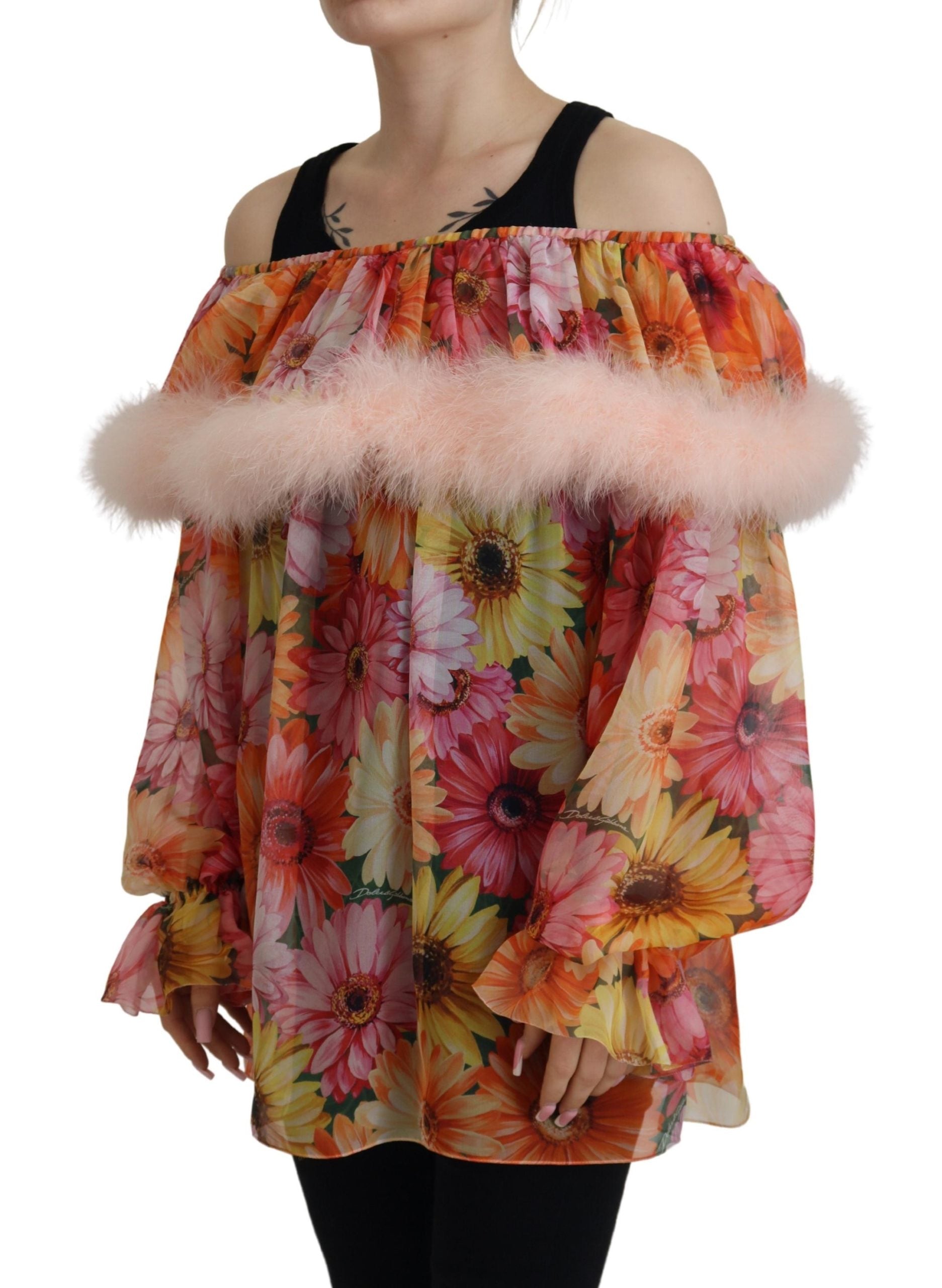 Dolce & Gabbana Multicolor Floral Pelz Shearling Bluse Top