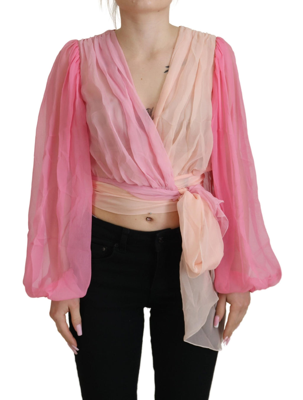 Dolce & Gabbana Rosa Seiden-Wickelbluse mit langen Ärmeln Top