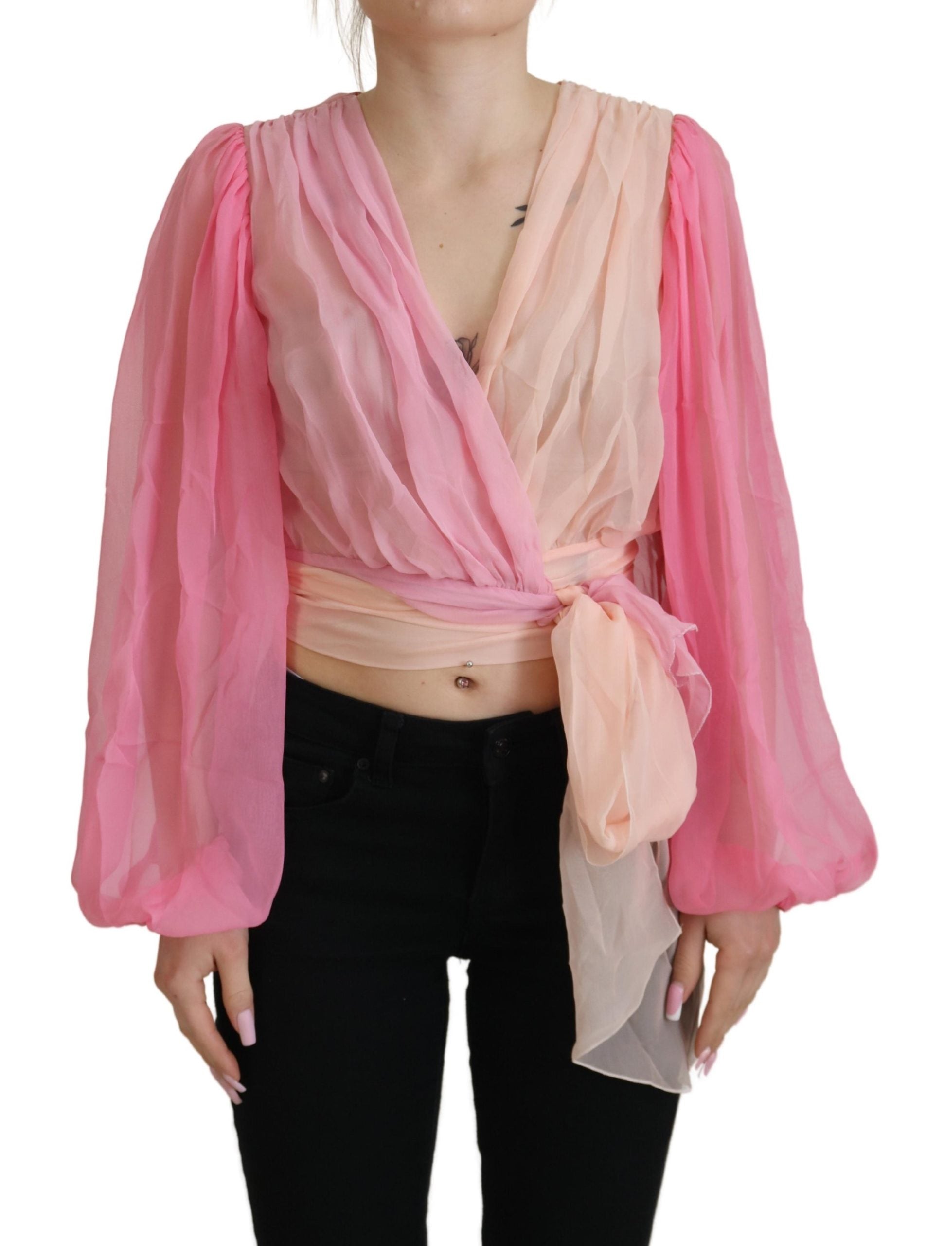 Dolce & Gabbana Rosa Seiden-Wickelbluse mit langen Ärmeln Top