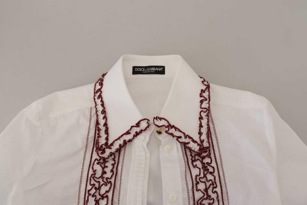 Dolce & Gabbana Weißes Spitzen-Top mit langen Ärmeln und Rüschenkragen