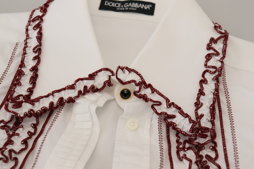 Dolce & Gabbana Weißes Spitzen-Top mit langen Ärmeln und Rüschenkragen