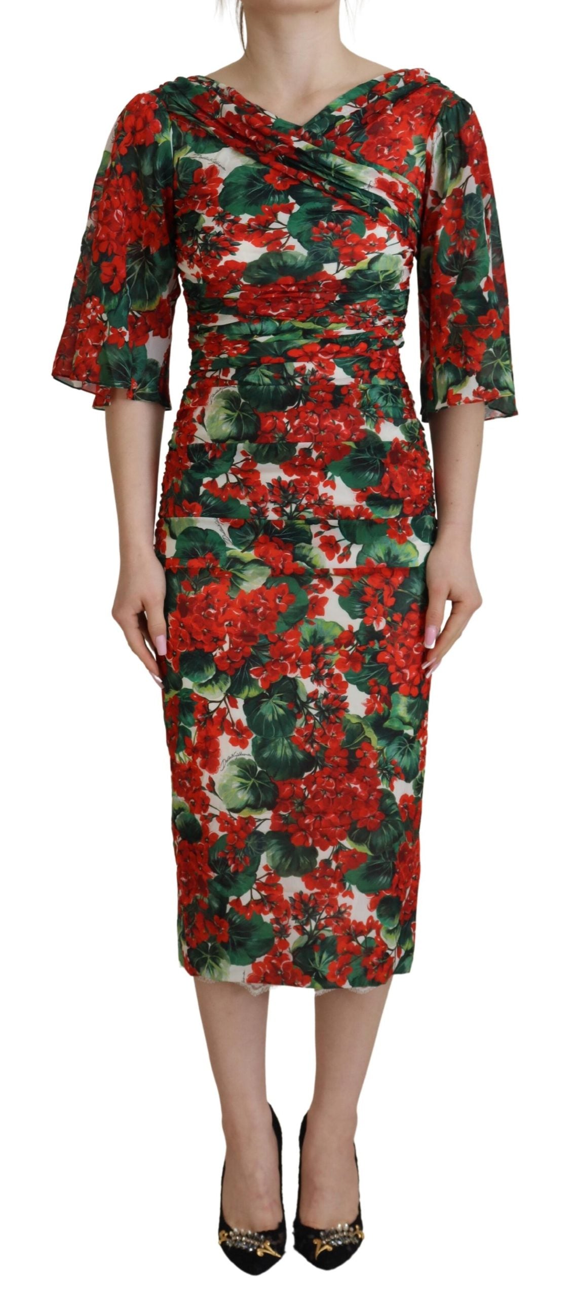 Dolce & Gabbana Multicolor Geranium Silk Coat Midi Dress