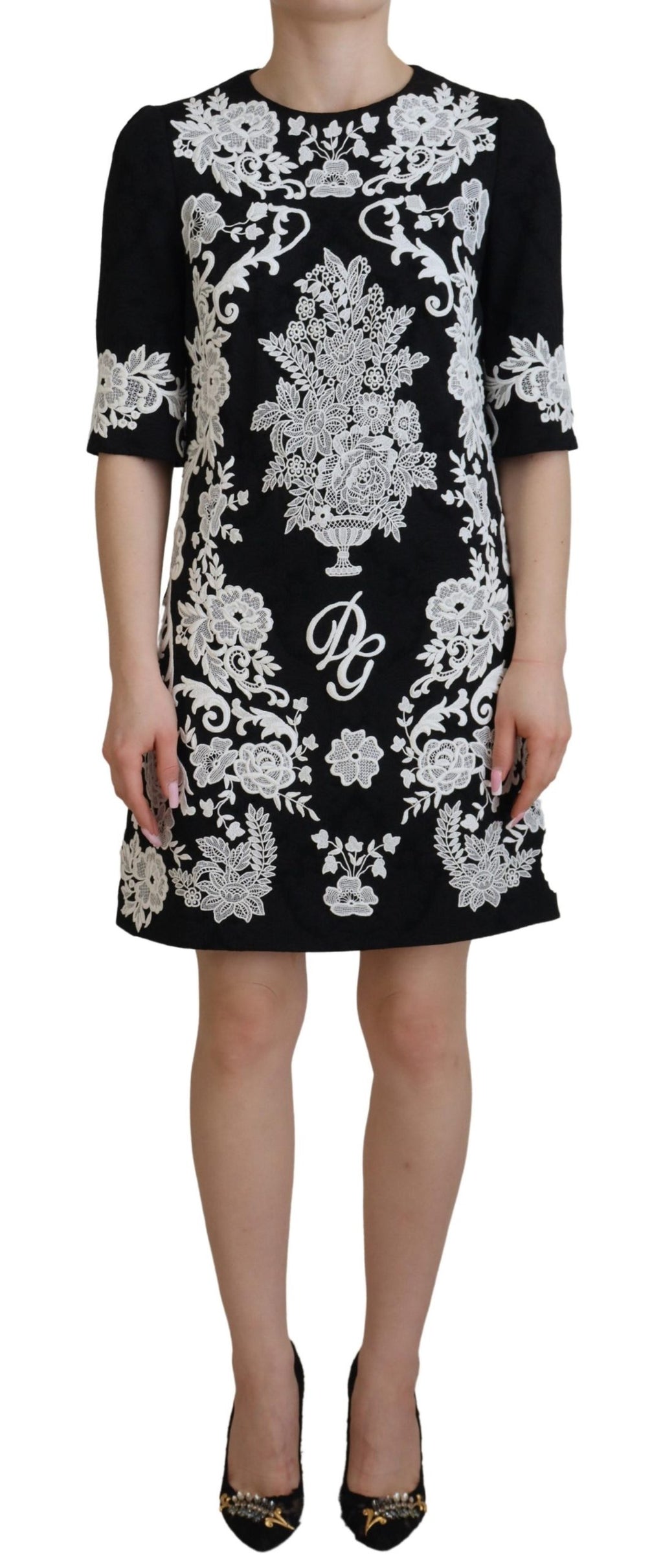 Dolce & Gabbana Black Lace-Trim Half-Sleeve A-Line Dress