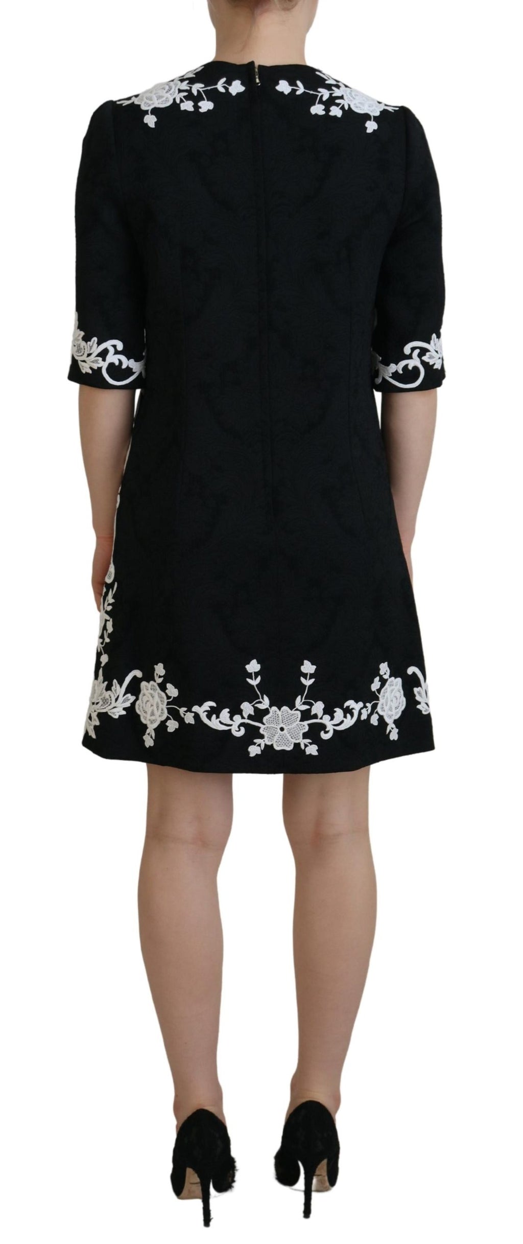 Dolce & Gabbana Black Lace-Trim Half-Sleeve A-Line Dress