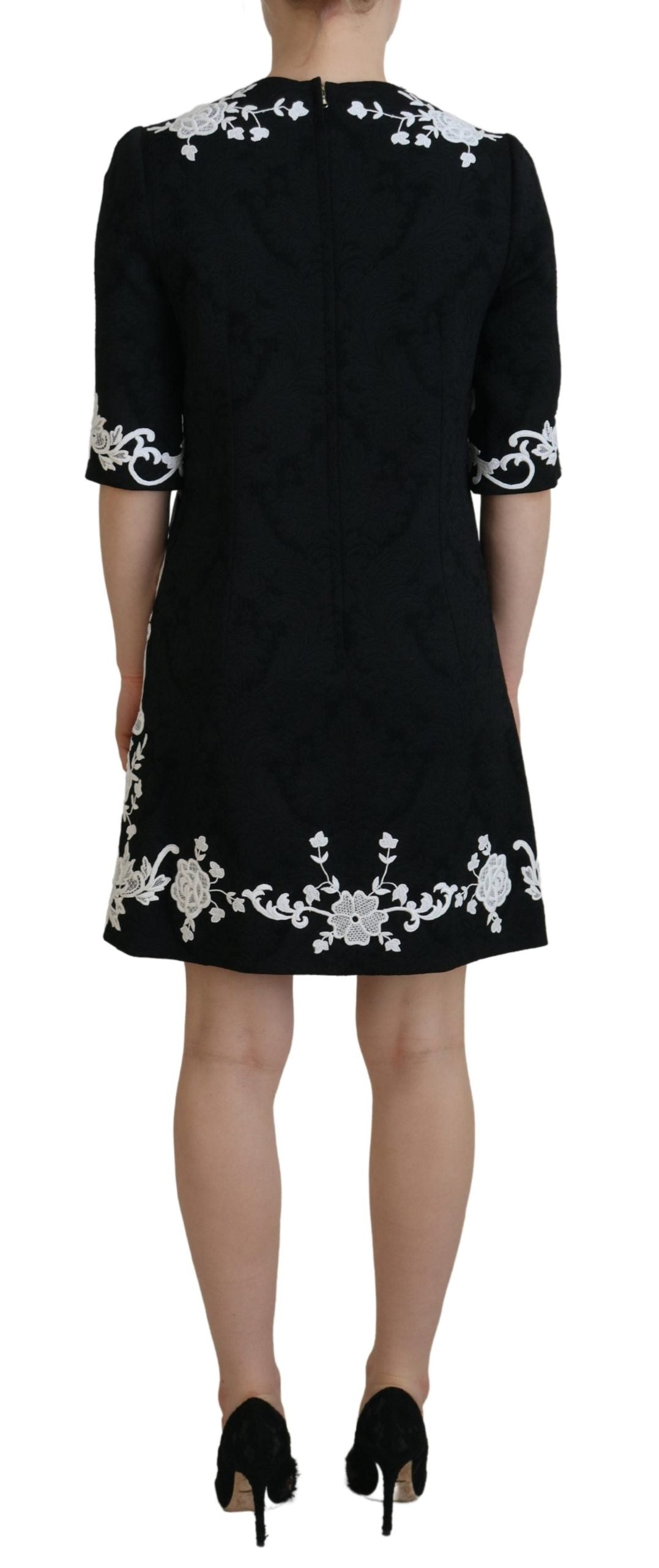 Dolce & Gabbana Black Lace-Trim Half-Sleeve A-Line Dress