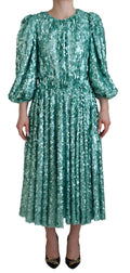 Dolce & Gabbana Blue Sequin Pleated A-line Midi Nylon Dress