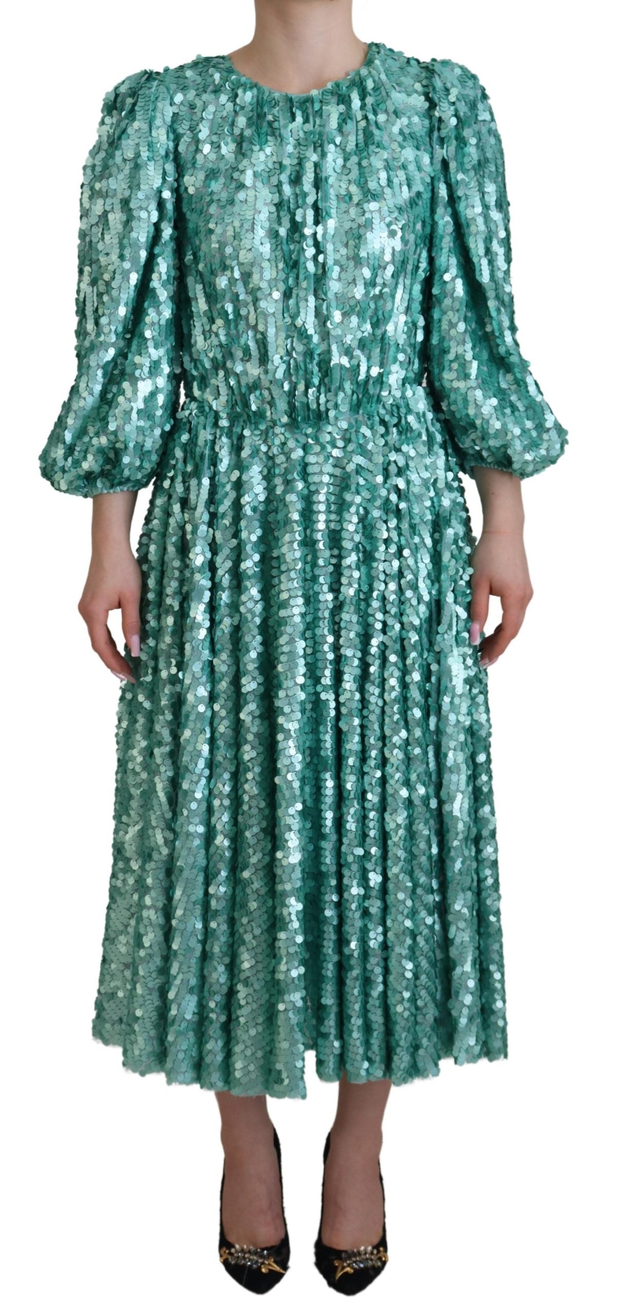 Dolce & Gabbana Blue Sequin Pleated A-line Midi Nylon Dress