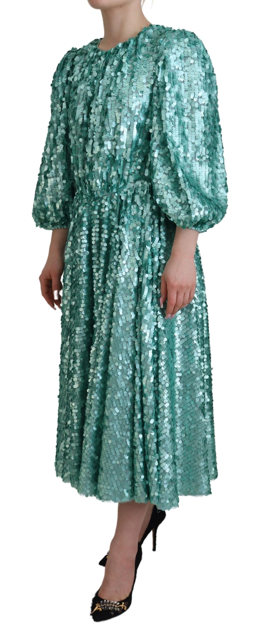 Dolce & Gabbana Blue Sequin Pleated A-line Midi Nylon Dress